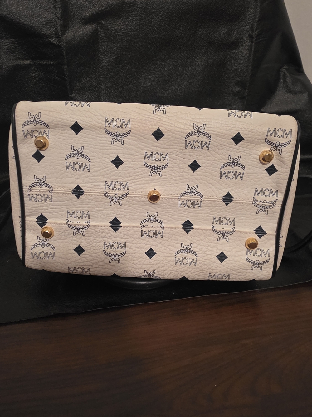 MCM White & Blue Visetos Boston Bag with Gold Hardware - Picture 11 of 16
